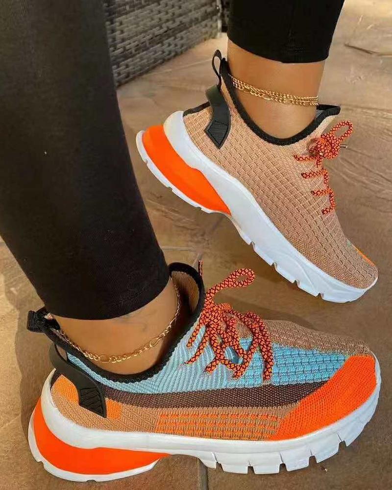 

Knit Colorblock Lace-up Sneakers, Orange