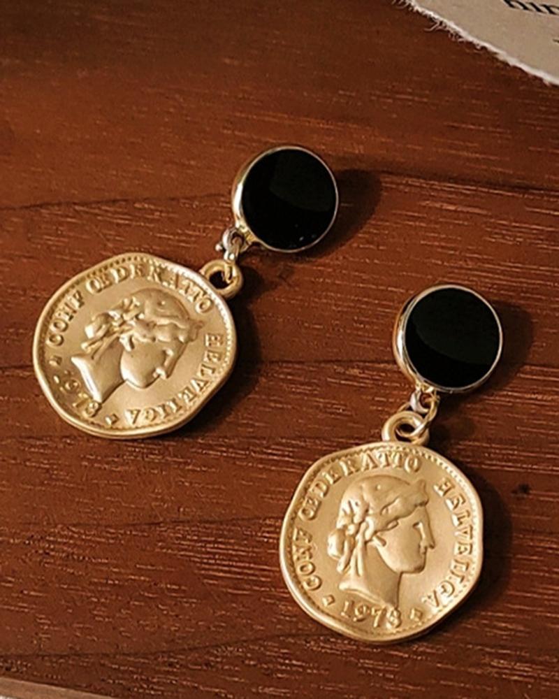 

1Pair Vintage Figure Coin Fashionable Drop Earrings, Gold