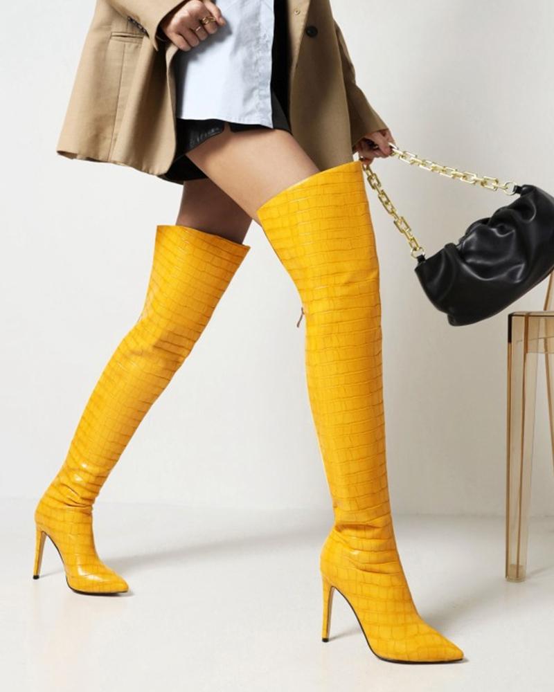 

Womens Point Toe Crocodile Pattern Over The Knee Boots, Yellow