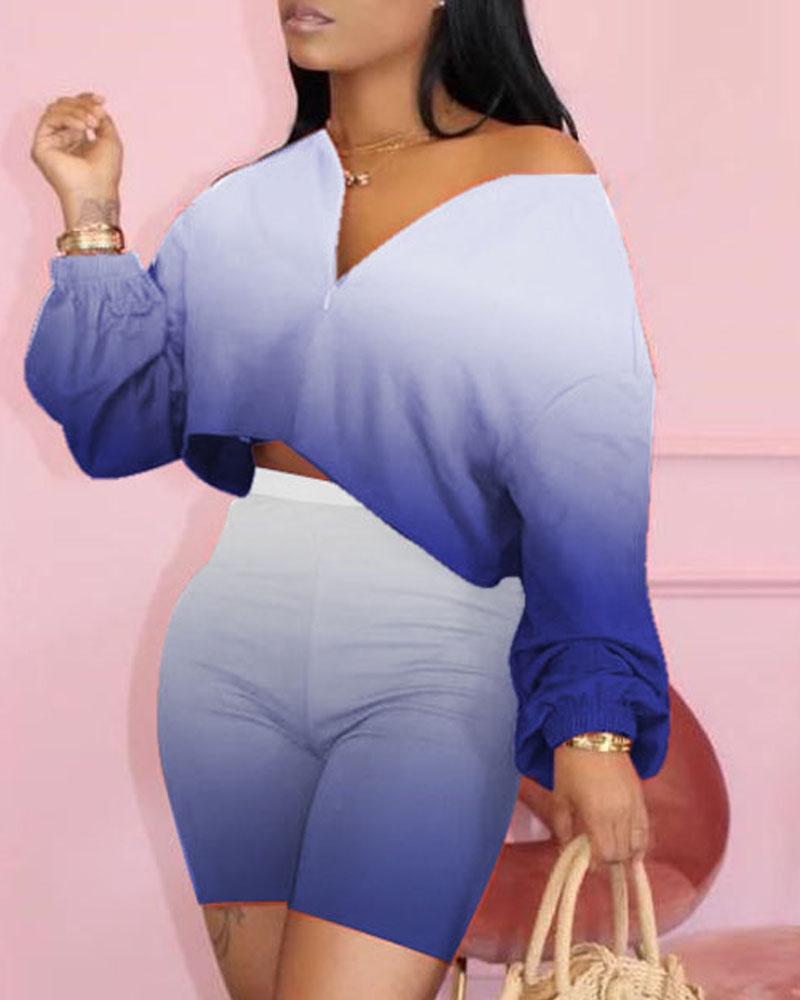 

Ombre Print Long Sleeve Casual Top & Shorts Set, Blue
