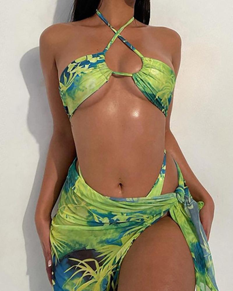 

All Over Print Halter Bikini Swimsuit & Beach Skirt, Green