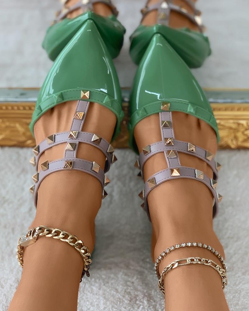 

Pointed Toe Studded Slip On Mules, Green