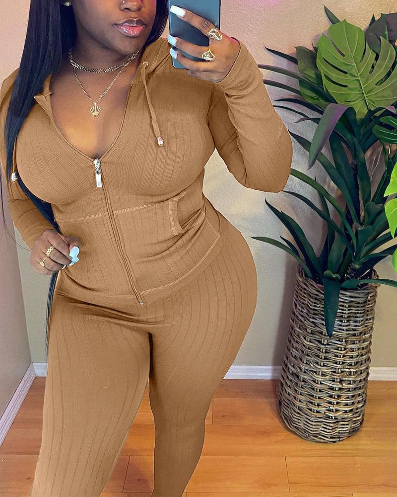 

Ribbed Long Sleeve Zip Up Hooded Top & Pants Set, Khaki