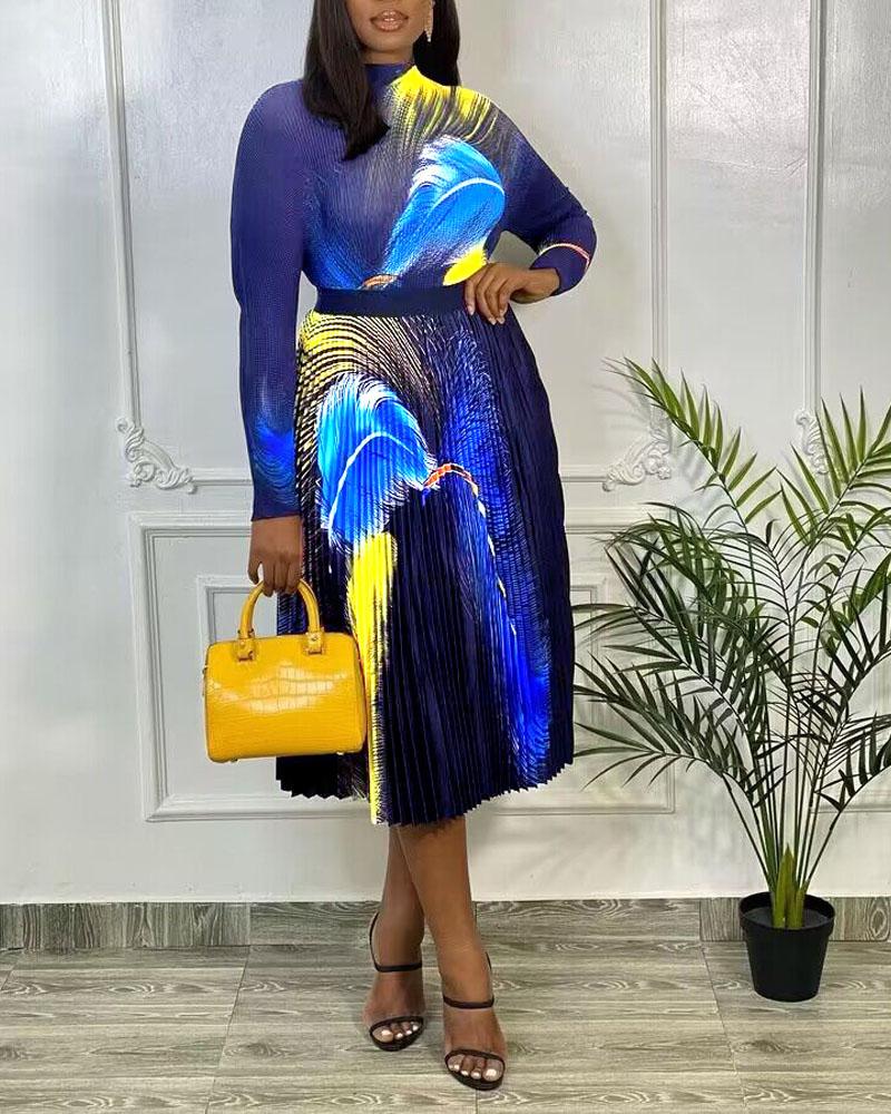 

Tropical Print Long Sleeve Top & Pleated Skirt Set, Blue