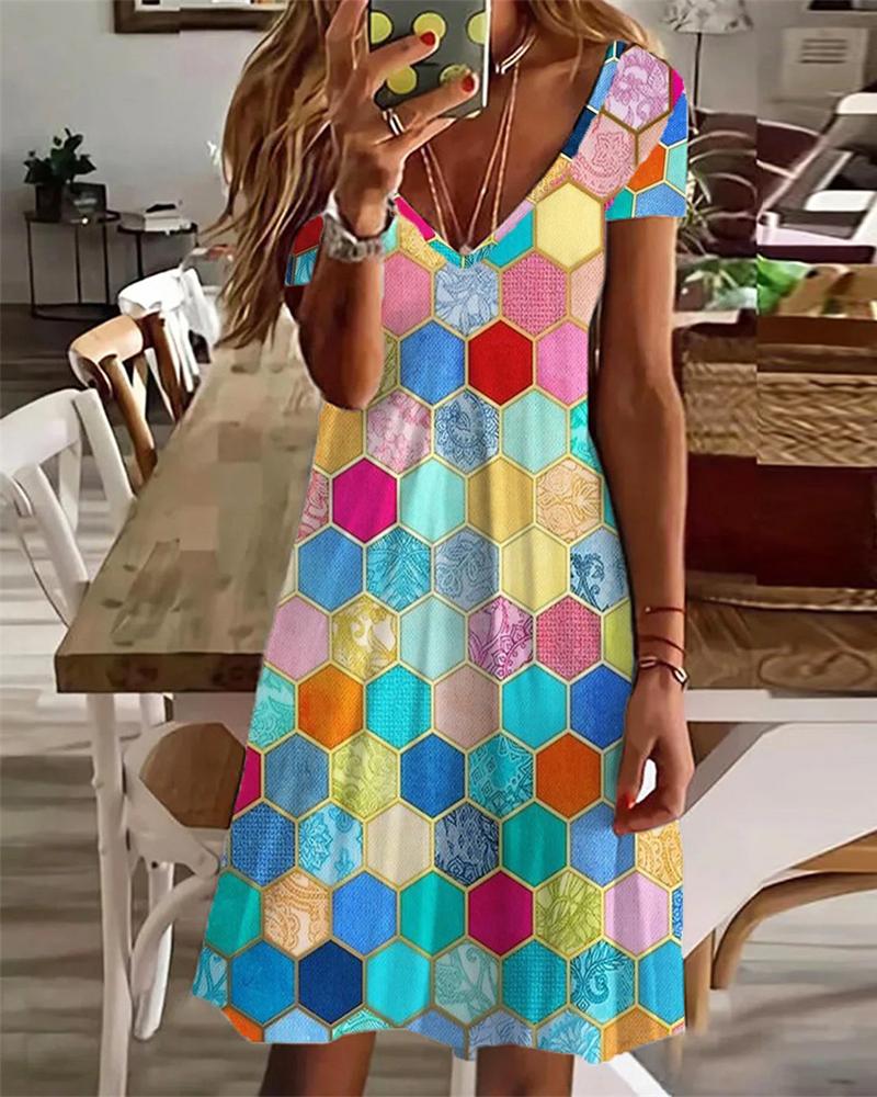 

Geometric Print Short Sleeve V-Neck Casual Dress, Multicolor