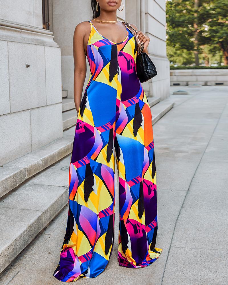

Plus Size Abstract Geometric Print Wide Leg Jumpsuit, Multicolor