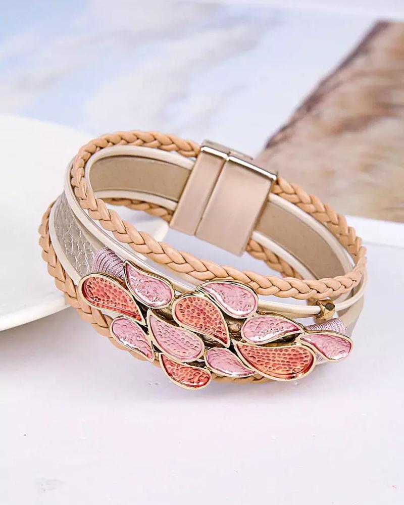 

1pc Crystal Stone Braided Strap Wide Magnet Bracelet, Pink