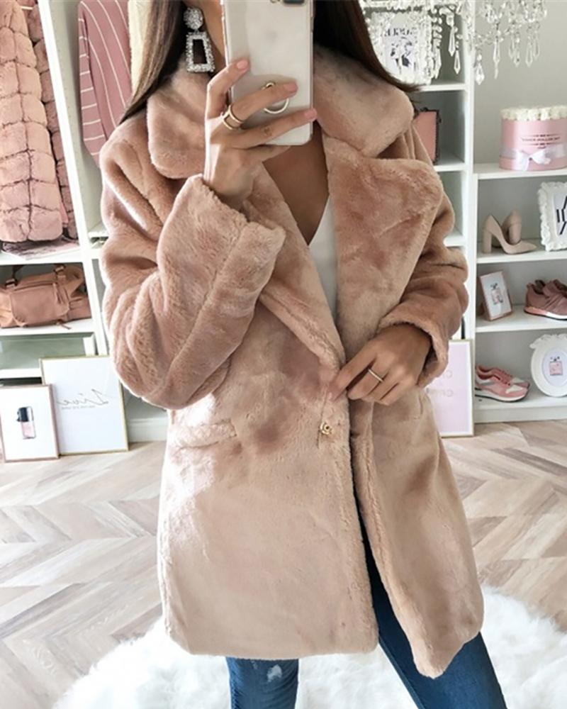 

Long Sleeve Pocket Design Faux Fur Coat, Khaki