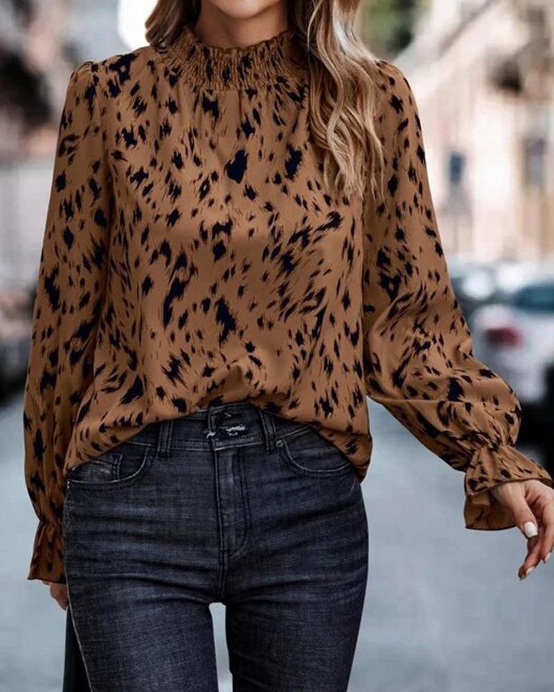 

Frill Hem Animal Print Long Sleeve Top, Dark brown