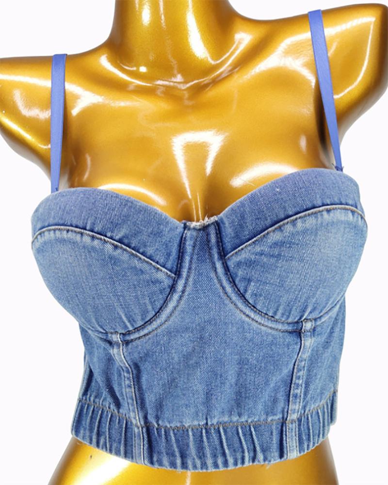 

Denim Spaghetti Strap Corset Crop Top, Blue