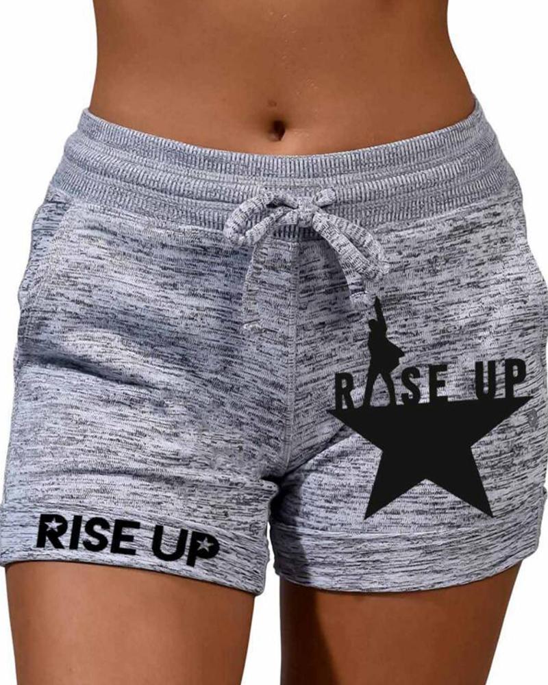 

Solid Color Splicing Letter And Star Print Drawstring Short Pants, Gray