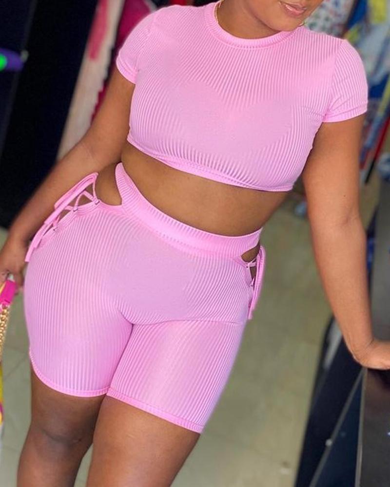

Solid Short Sleeve Skinny T-shirt With Shorts Suit Sets, Pink