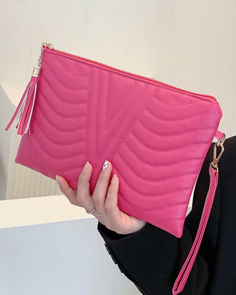 

Quilted Zipper Tassel Detail Clutch Bag, Pink