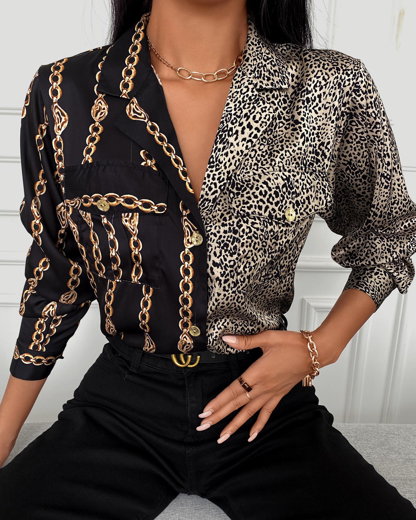 

Chain Leopard Print Long Sleeve Shirt, Black