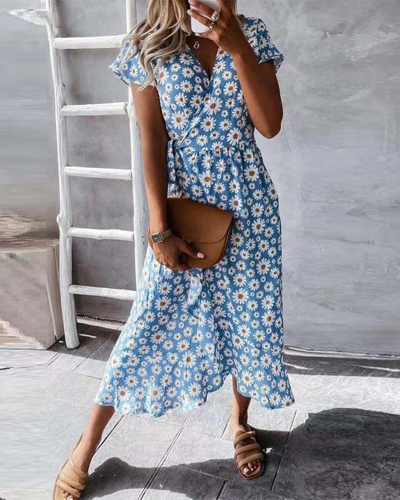 

Daisy Print Tied Detail Short Sleeve Dress, Blue