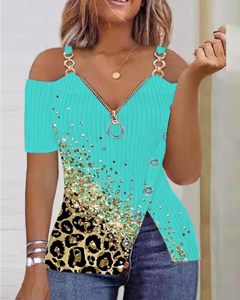 

Contrast Leopard Print Zipper Detail Cold Shoulder Top, Turquoise blue