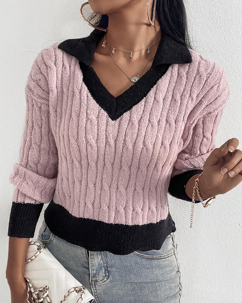 Colorblock Turn Down Collar Knit Sweater