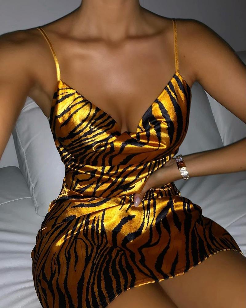 

Zebra Stripe Print Satin Cowl Neck Bodycon Dress, Yellow