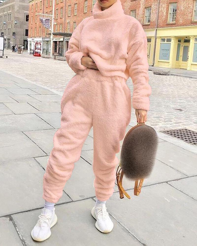 

Plain Long Sleeve Teddy Top & High Waist Pants Set, Pink
