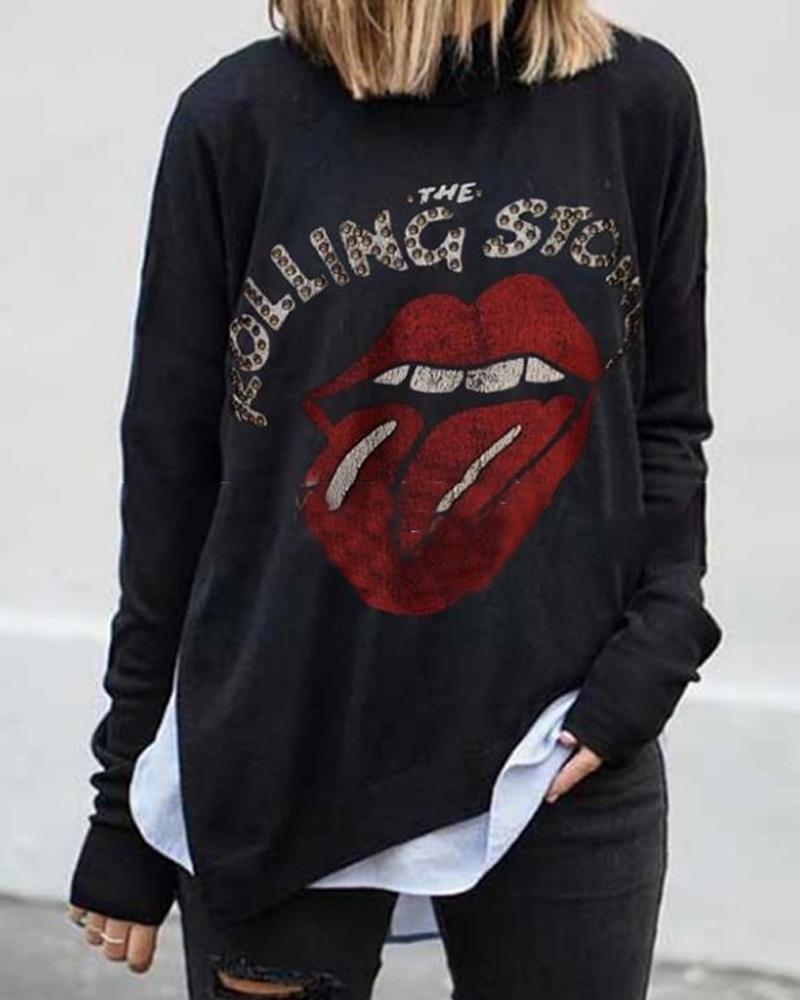 

Tongue Print Long Sleeve Top, Black