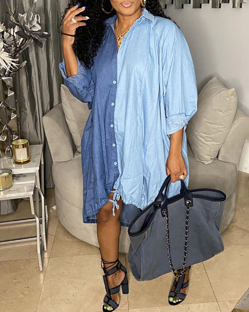 

Lantern Sleeve Button Front Colorblock Denim Shirt Dress, Blue