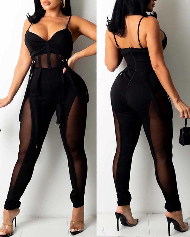 

Spaghetti Strap Sheer Mesh Patch Jumpsuit, Black