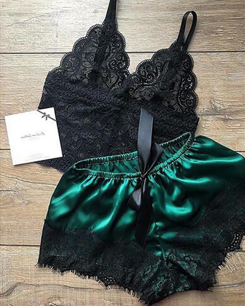 

Eyelash Crochet Lace Satin Bowknot Cami Set, Green