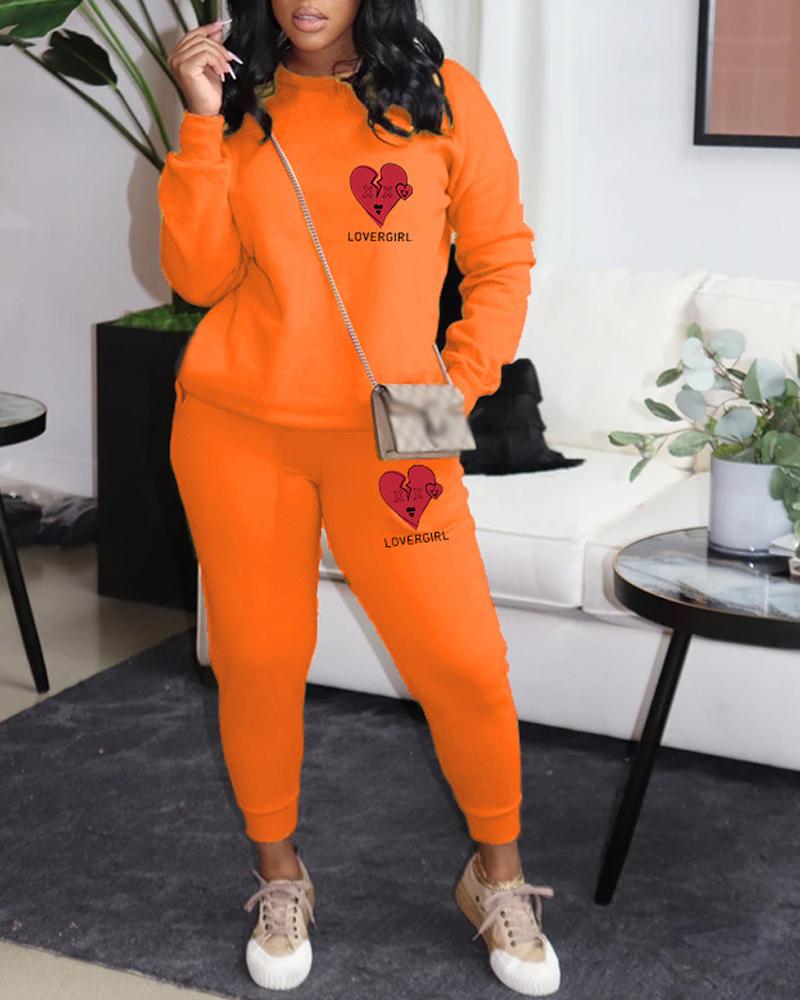 

Plus Size Heart Letter Print Casual Top & Pants Set, Orange