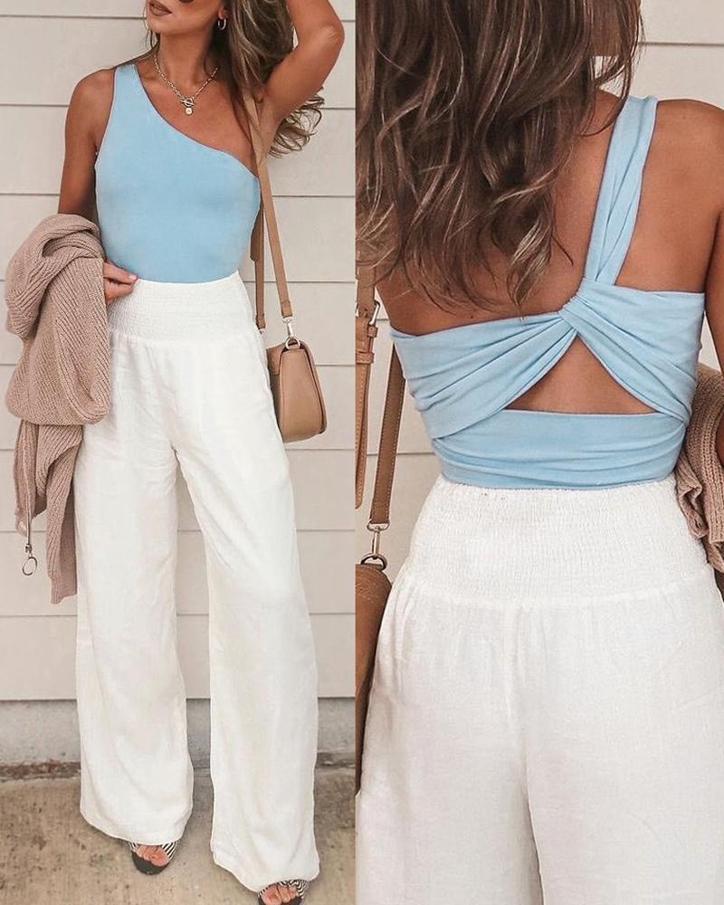 

One Shoulder Cutout Ruched Top, Blue