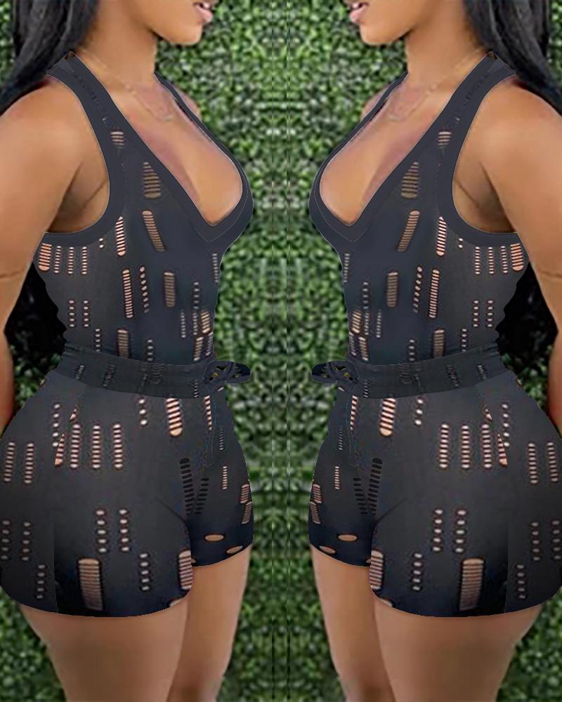 

Hollow Out Tank Top & Drawstring Shorts Set, Black