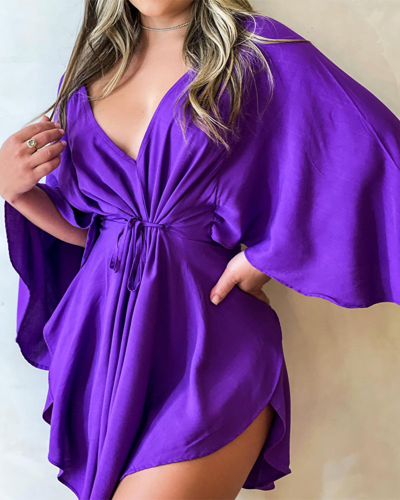 

Batwing Sleeve Tied Detail Asymmetrical Dress, Purple