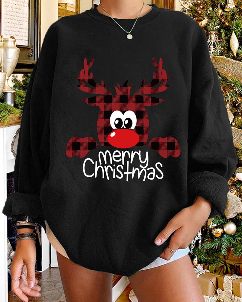

Christmas Plaid Letter Deer Print Long Sleeve Sweatshirt, Black