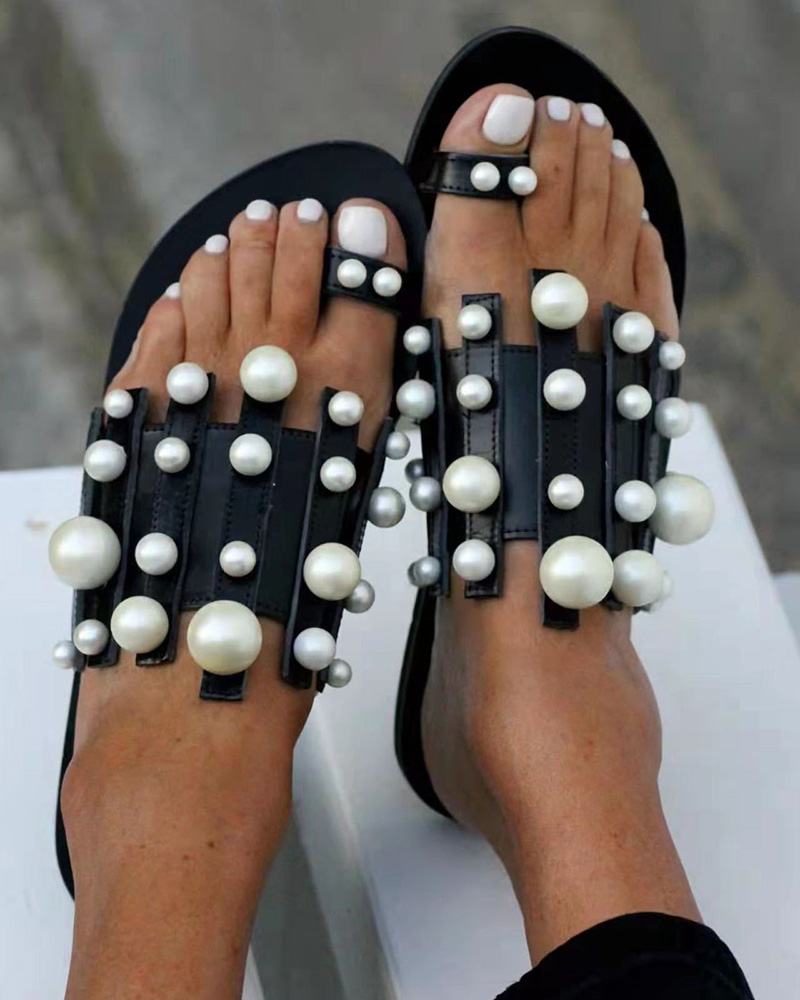 

Toe Post Pearls Decor Slippers, Black