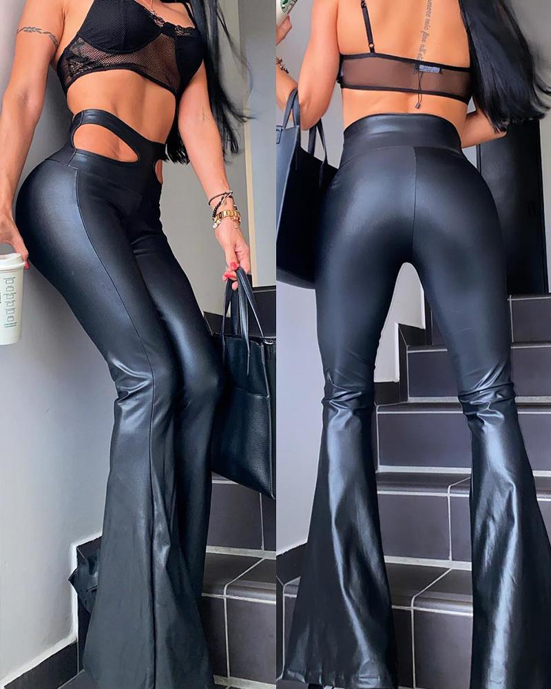 

PU Leather Cutout High Waist Flared Leg Pants, Black
