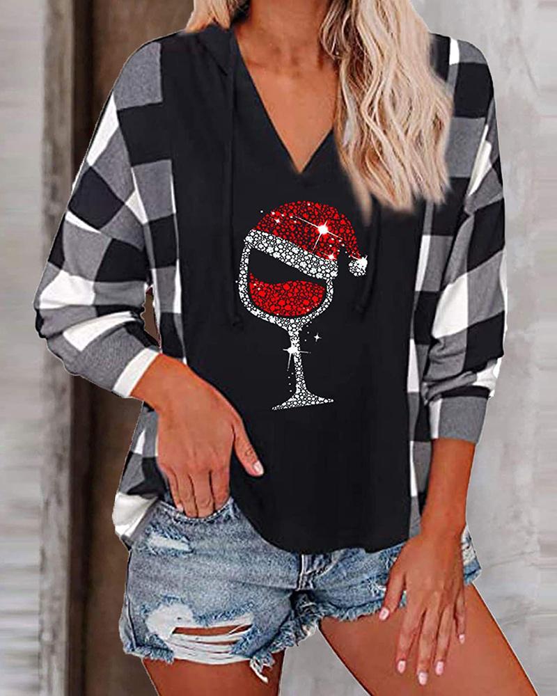 

Christmas V Neck Plaid Print Red Wine Glass Rhinestone Top, Gray