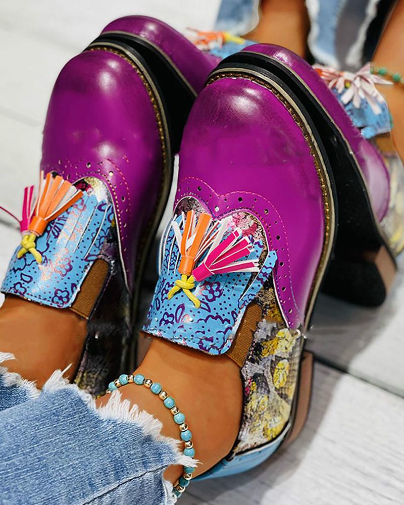 

National Style Round-toe Multicolor Print Splicing Tassel Slip-on, Purple