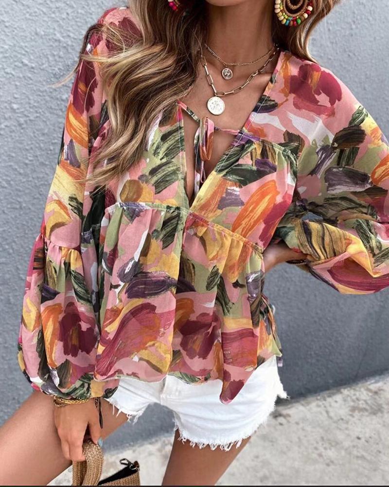 

Floral Print Lace Up Ruffle Hem Top, Pink