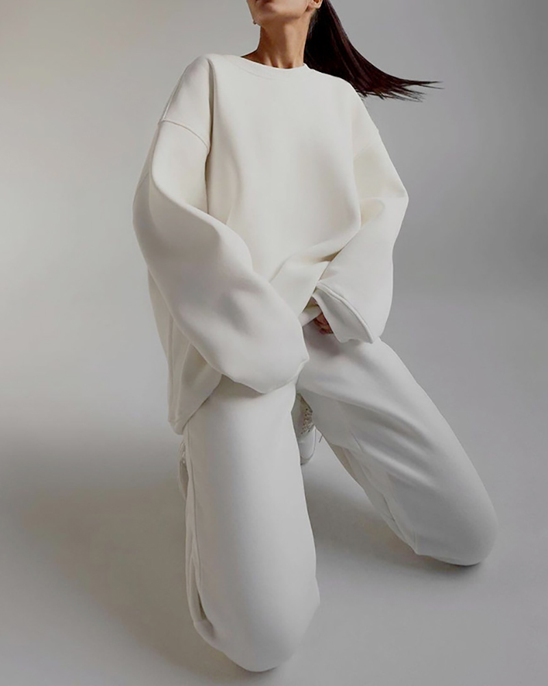

Long Sleeve Casual Top & High Waist Pants Set, White