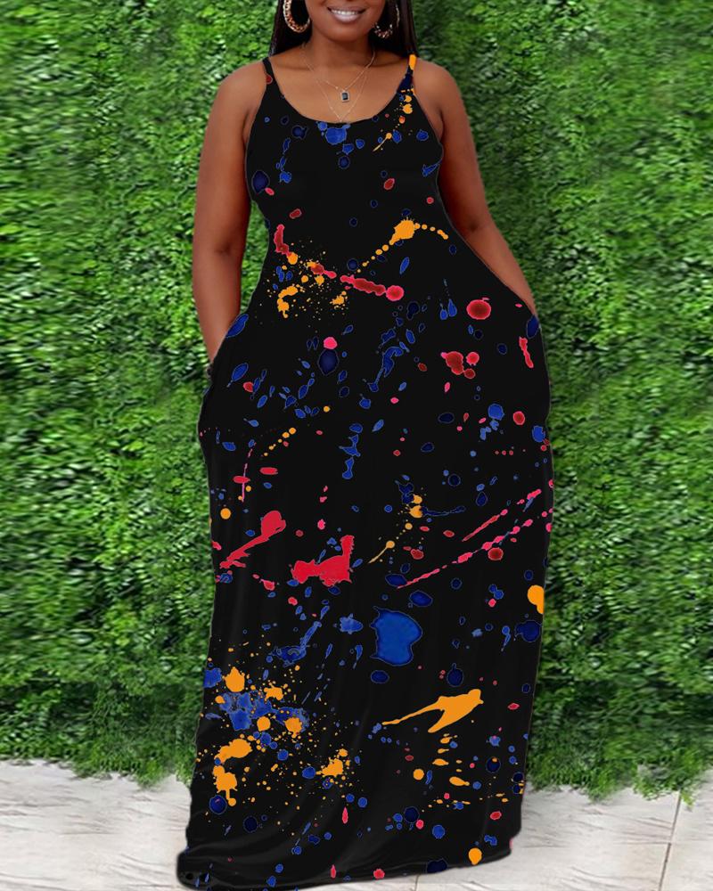 

Plus Size Ink Splash Print Spaghetti Strap Maxi Dress, Black