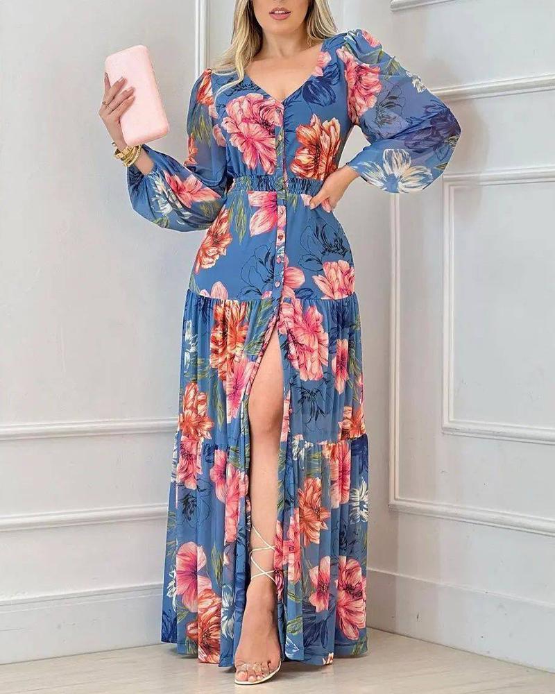 

Floral Print Long Sleeve Button Front Maxi Dress, Blue