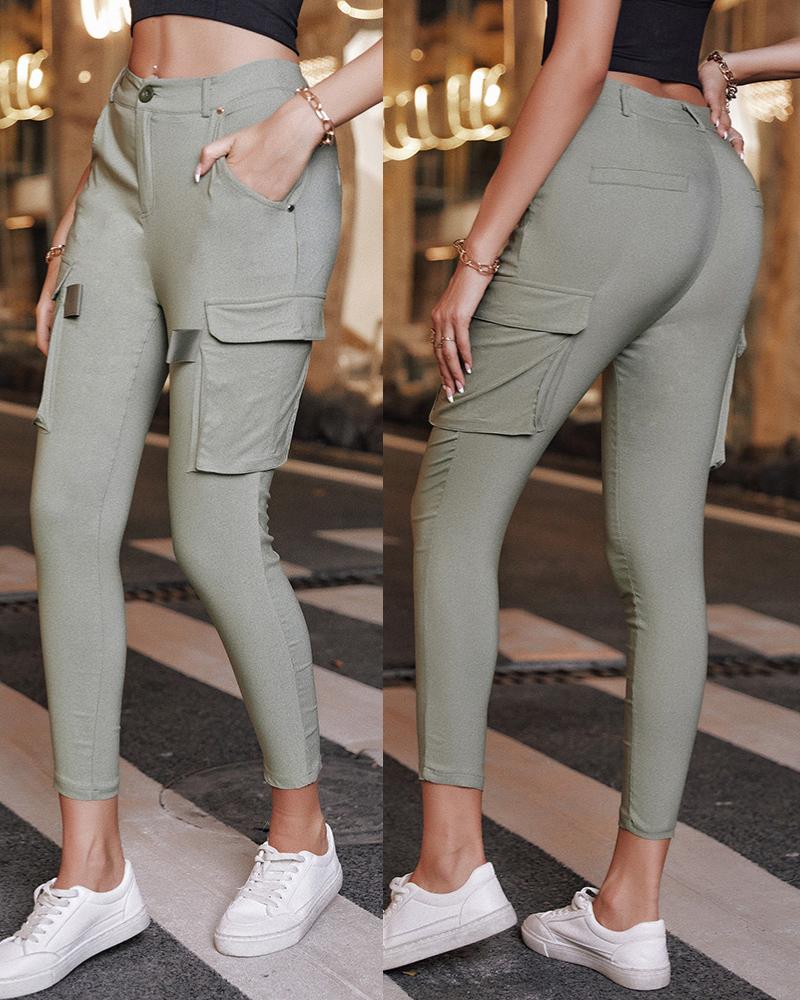 

Pocket Design High Waist Casual Pants, Green