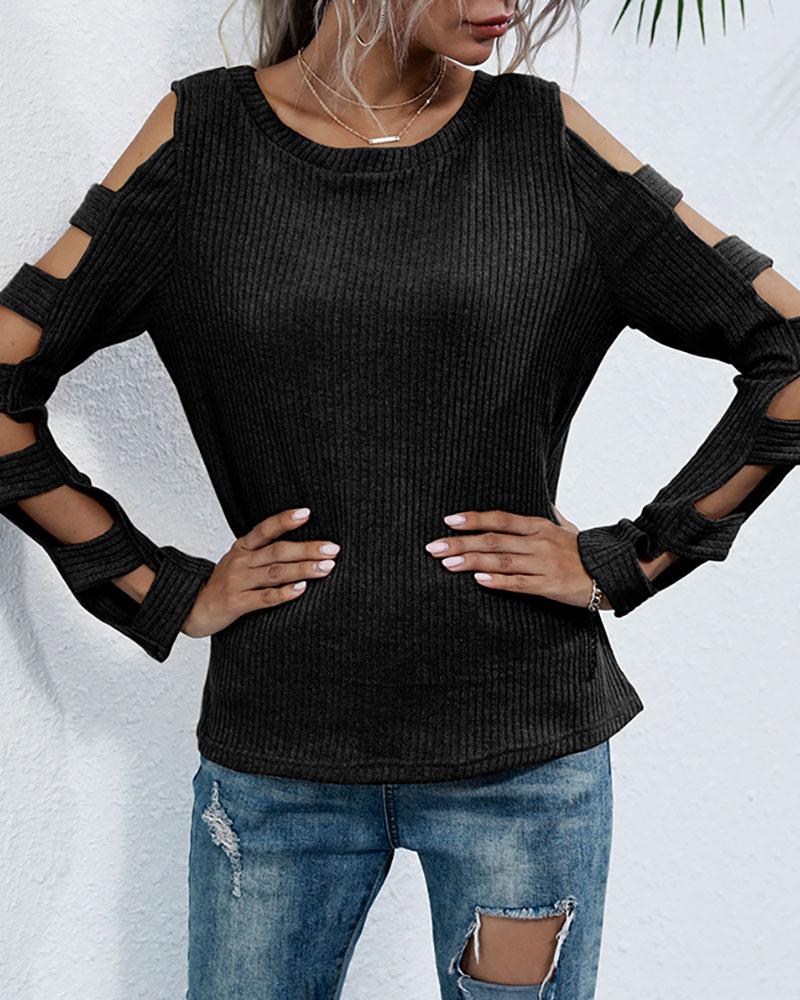 

Cutout Knit Long Sleeve Casual Top, Black