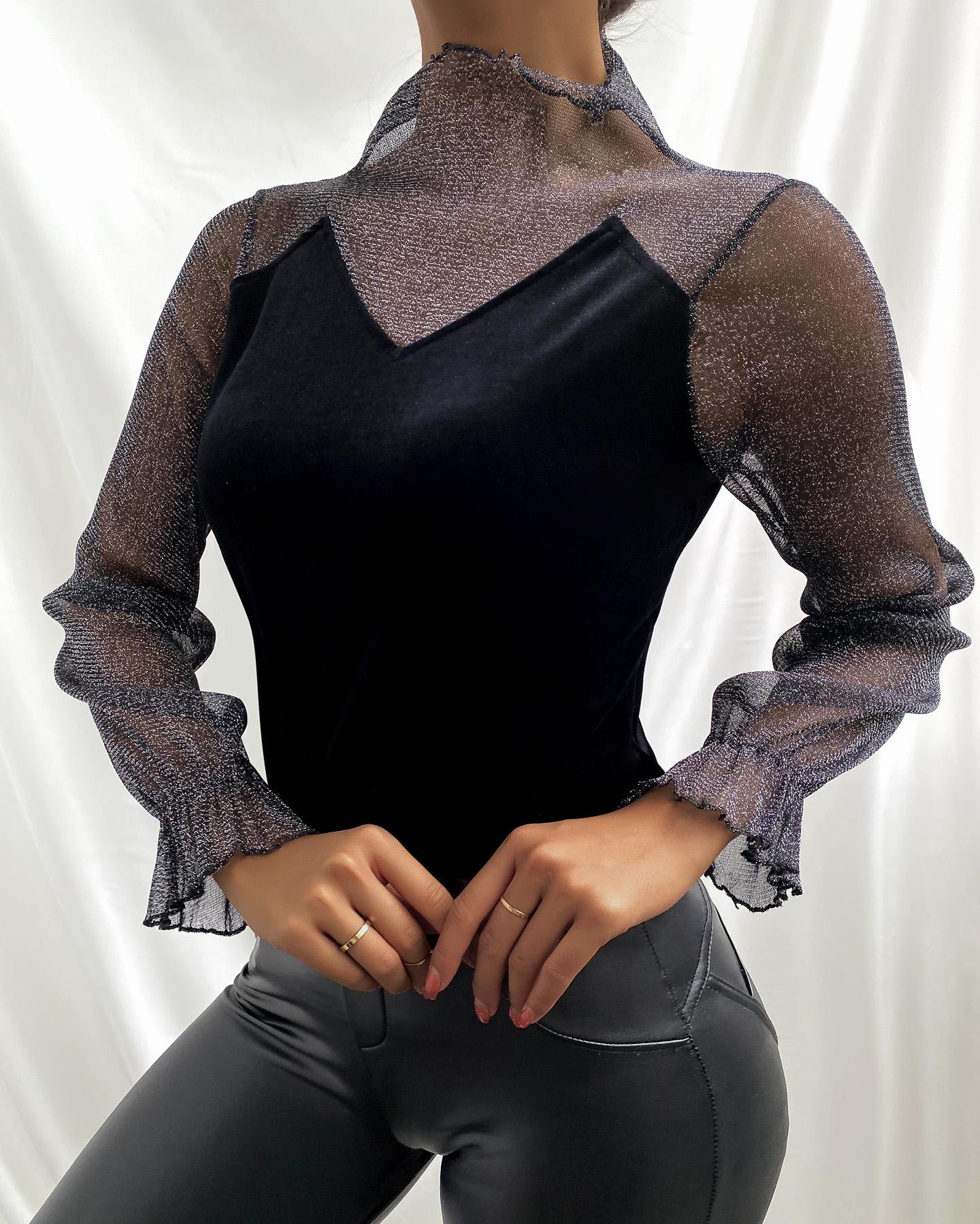 

Glitter Sheer Mesh Long Sleeve Top, Black