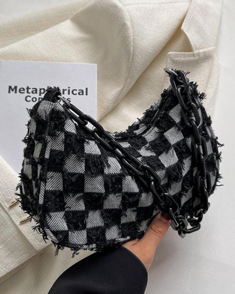 

Plaid Ripped Chain Strap Denim Shoulder Bag, Black