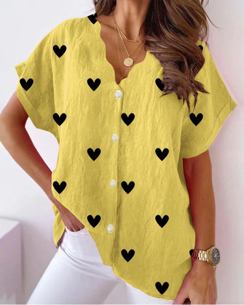 

Heart Print Scallop Trim Button Front Shirt, Yellow