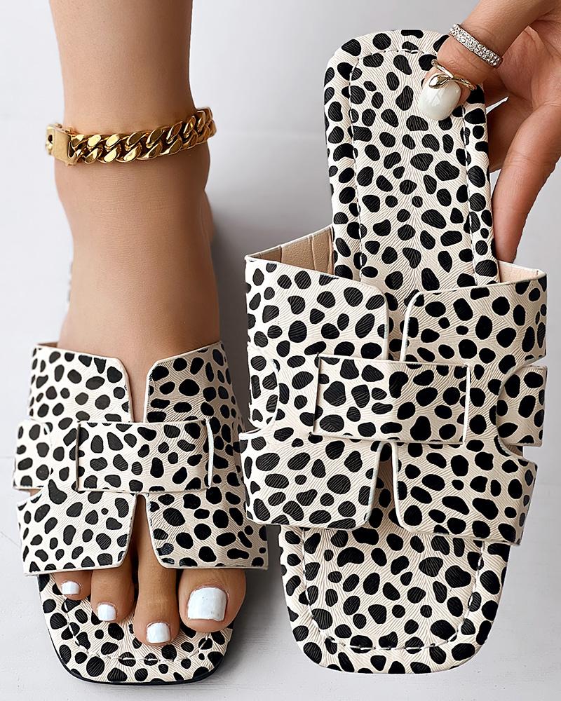 

Leopard Print Square Toe Slippers Summer Sandals