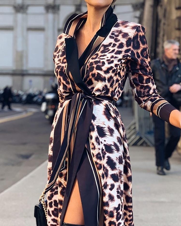 

Leopard Print Striped Insert Shirt Dress