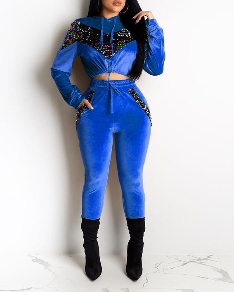 

Sequins Lace-up Long Sleeve Hooded Suit Sets, Blue