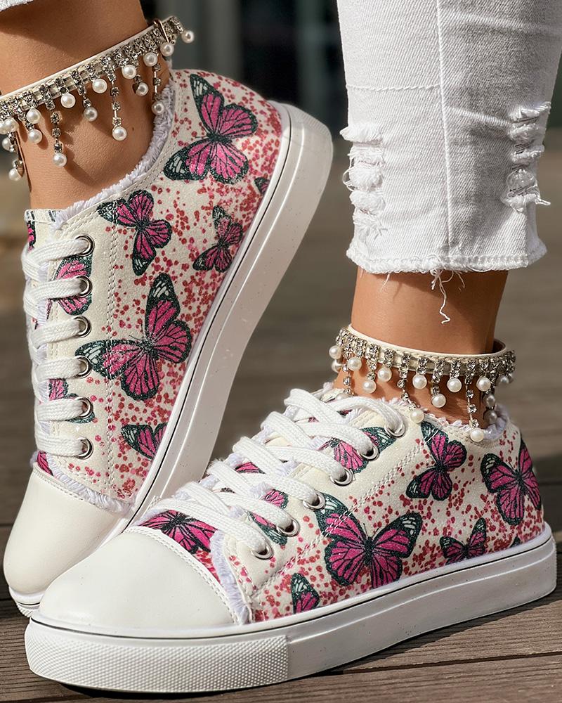 

Butterfly Embroidery Raw Hem Lace-up Sneakers, Hot pink