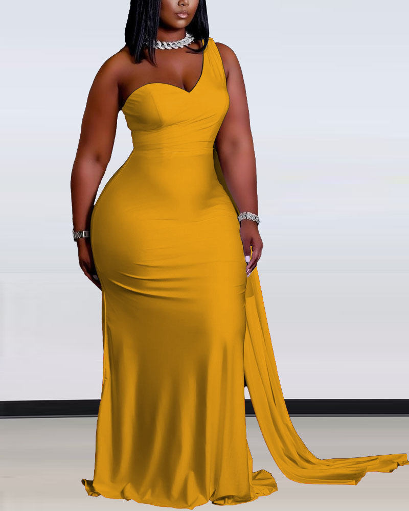 

Plus Size One Shoulder Draped Detail Prom Dress, Yellow
